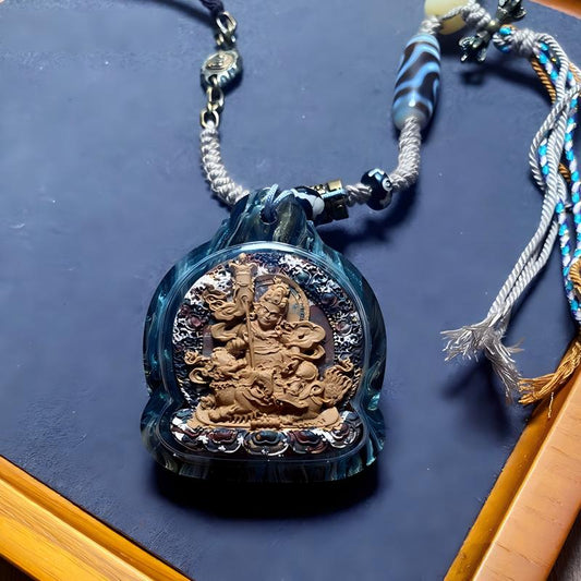 Tibetan Buddhist Jewelry Culture Jambhala Wealth God thangka amulet Gawu pendant, multicolor Tsa Tsa Tibetan Buddhist jewelry art handcrafted necklace