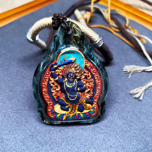 Tibetan Buddhist Jewelry Culture Tibetan Buddhist Fudo Myoo multicolor Tsa Tsa amulet pendant, handcrafted mineral pigment jewelry art necklace for protection