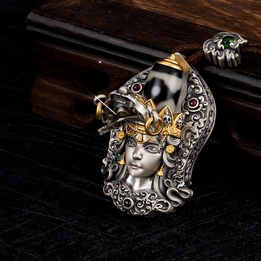 Handmade Tibetan Buddhist Zaki Lhamo past life present life pendant, hand-painted thangka jewelry art for wealth and protection