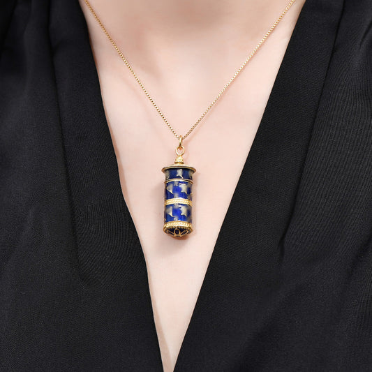 Tibetan Buddhist Jewelry Culture handcrafted S925 silver moving gold cylinder necklace, burnt blue perfume bottle pendant Tibetan Buddhist Jewelry art vintage spiritual jewelry