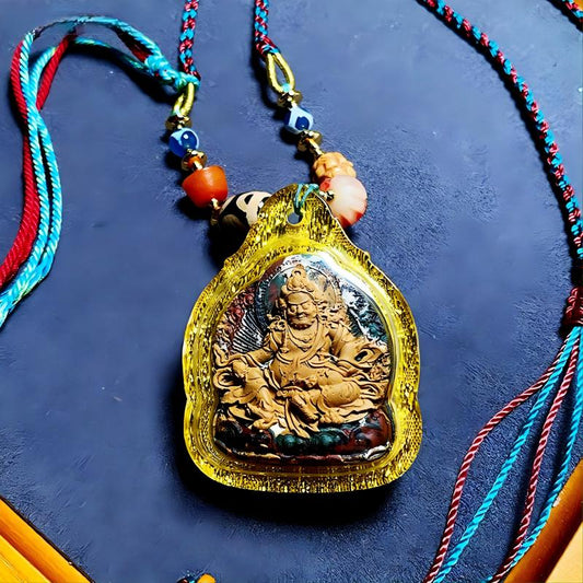 Tibetan Buddhist Jewelry Culture Tibetan Buddhist Yellow Jambhala multicolor Tsa Tsa amulet pendant, handcrafted jewelry art necklace for spiritual blessing