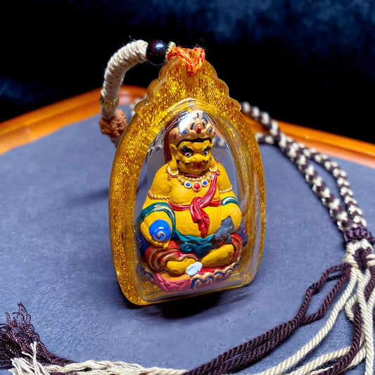 Tibetan Buddhist Jewelry Culture Zangshuo 3D Yellow Jambhala handpainted Thangka pendant, handmade Tibetan Jewelry art necklace for wealth and blessings