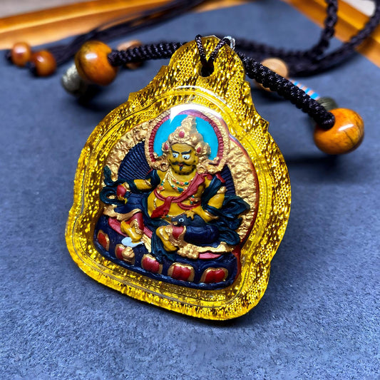 Tibetan Buddhist Jewelry Culture Zangshuo Yellow Jambhala handpainted Thangka pendant, handmade Tibetan Jewelry art necklace for spiritual blessings