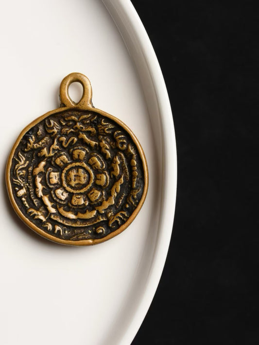 Tibetan Old Scale Armor Bear Nine Palace amulet, handmade and hand-painted Jewelry art rooted in Tibetan Buddhist Jewelry Culture for powerful protection and grounding energy.