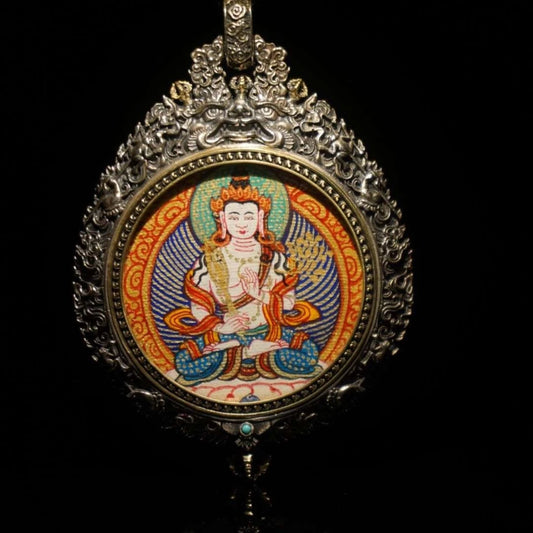 Hand-painted Tibetan Buddhist Regong guardian deity Thangka pendant Jewelry art