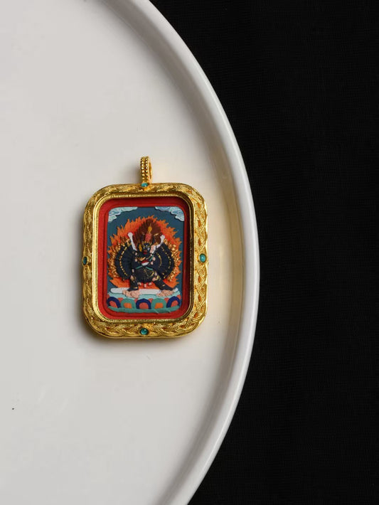 Tibetan esoteric Mahakala thangka talisman pendant, handcrafted Jewelry art rooted in Tibetan Buddhist Jewelry Culture, supporting protection and inner strength.