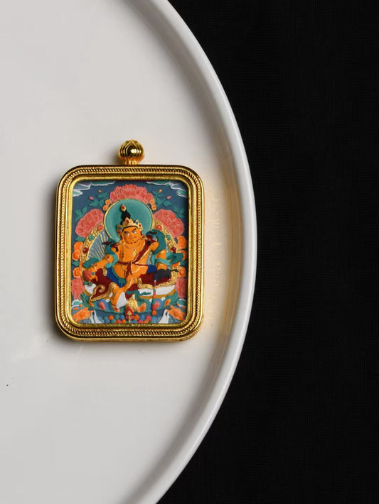 Tibetan Yellow Jambhala Thangka amulet pendant, handmade Jewelry art rooted in Tibetan Buddhist Jewelry Culture