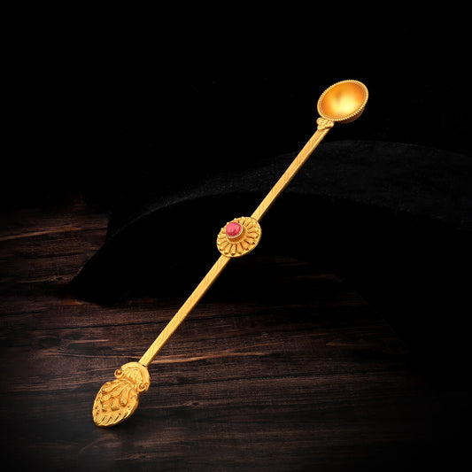 Traditional handcrafted brass fire ritual spoon used in Tibetan Buddhist ceremonies, reflecting Tibetan Buddhist ritual implements culture and Buddhist ritual implements art