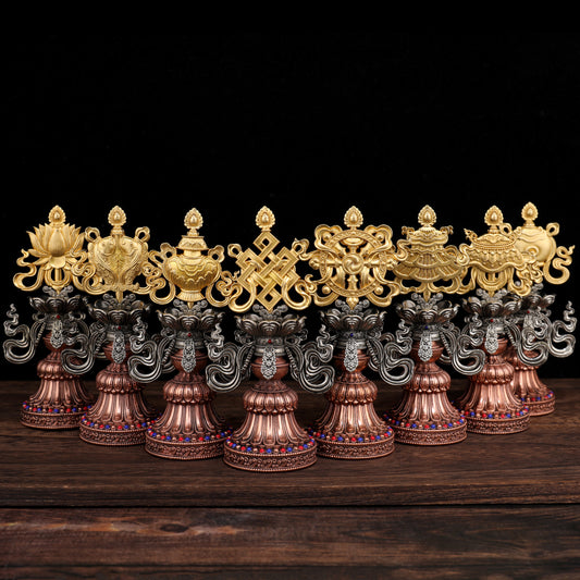 New design Ashtamangala made of brass white copper and purple copper, handcrafted Tibetan Buddhist ritual implements art