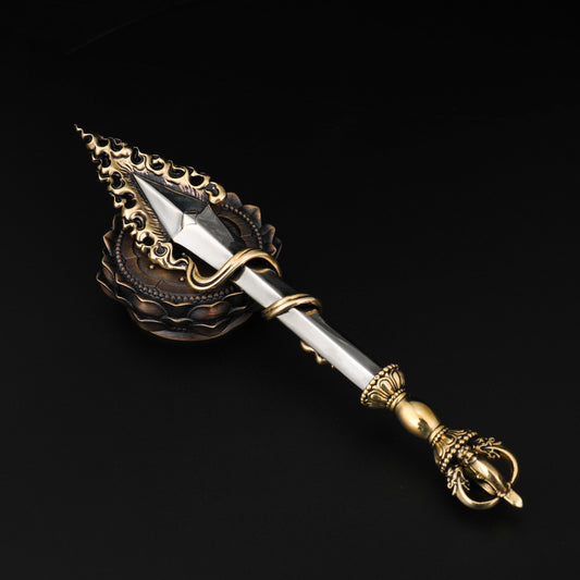 A 16cm handcrafted Manjushri sword made from brass and white copper, symbolizing wisdom and protection in Tibetan Buddhism. Ideal for altars and meditation spaces.
