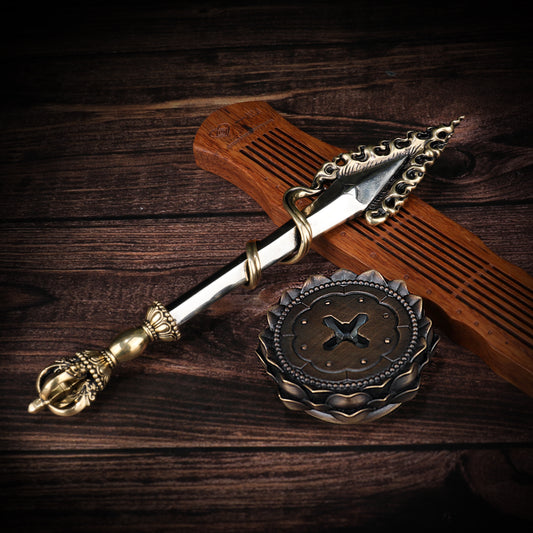 A 16cm Manjushri sword, handcrafted from brass and white copper, symbolizing spiritual wisdom and enlightenment. Ideal for collectors and spiritual seekers.