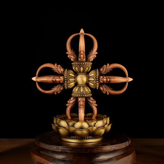 Tibetan Buddhist 18cm Handcrafted Cross Five-Pronged Vajra Brass Copper - Ritual Implements Art