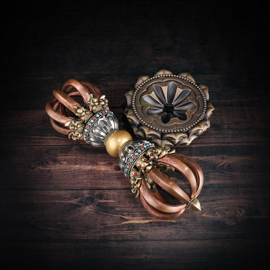 A 33cm handcrafted Nine-Pronged Vajra made from brass, copper, and white copper, symbolizing wisdom and protection in Tibetan Buddhism. Perfect for altars and meditation spaces.