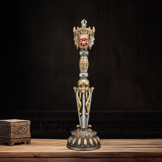 A 33cm handcrafted Purba Vajra Dagger made from brass, copper, and white copper. This powerful Tibetan Buddhist ritual tool symbolizes protection and spiritual strength, perfect for enhancing your spiritual practices.