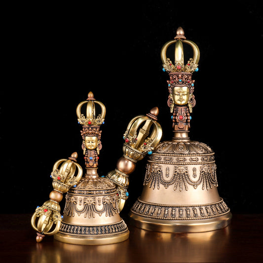 Handcrafted small five-pronged Vajra bell made from blue jadeite and brass copper. A powerful symbol of protection and spiritual strength in Tibetan Buddhism.