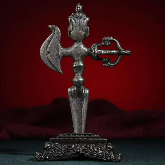 Handcrafted Brass Vajra Axe and Phurba with Five Prongs, symbolizing protection and spiritual strength. Ideal for Tibetan Buddhist rituals, meditation, and home decor.