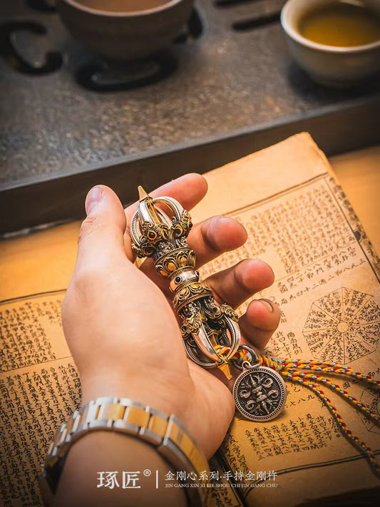 Handcrafted Brass Five-Prong Demon-Subduing Vajra handle, symbolizing spiritual strength and protection. Ideal for Tibetan Buddhist rituals, meditation, and home decor