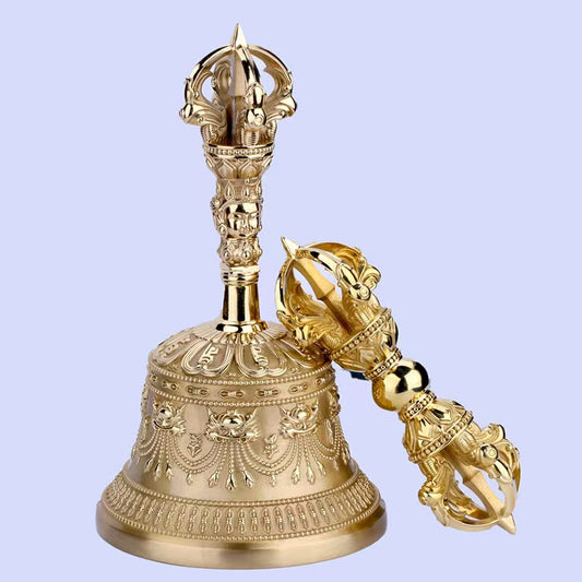 Handcrafted Brass Five-Pronged Vajra Bell, a Tibetan Buddhist ritual tool symbolizing protection, purification, and spiritual power. Ideal for meditation and rituals.