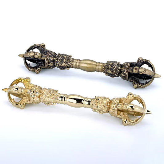 Handcrafted brass five-pronged Wrathful Vajra from Tibetan Buddhist ritual implements culture, powerful Buddhist ritual implements art for protection and spiritual practice.