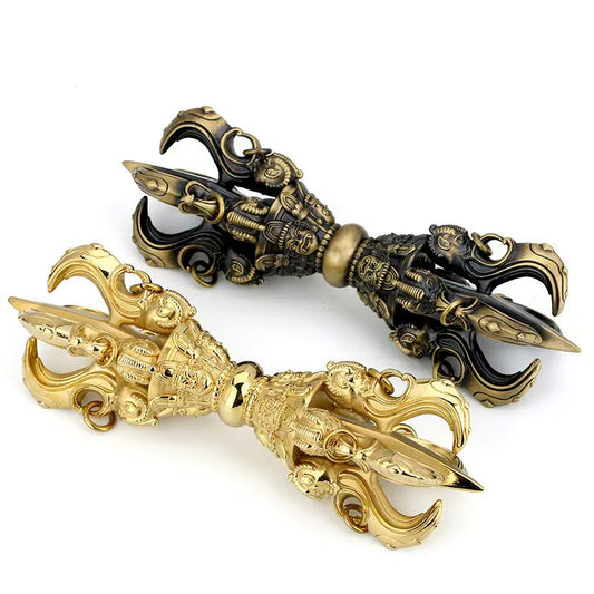 Brass Five-Prong Vajra, expertly handcrafted with Tibetan Buddhist ritual culture. Representing strength, enlightenment, and protection, ideal for spiritual practices and decoration