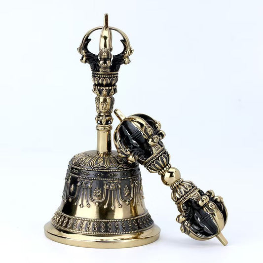 This handcrafted Five-Pronged Brass Vajra Bell with Nine Bells combines Tibetan Buddhist ritual implements culture and fine craftsmanship, symbolizing wisdom and strength in Buddhist rituals. The brass material and intricate design reflect the solemnity and sacredness of Buddhist ceremonies.