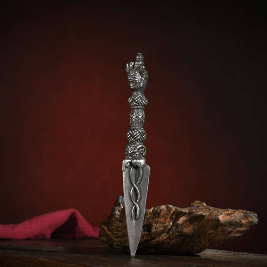 Handcrafted Brass Vajra Phurba, a Tibetan Buddhist ritual tool used for spiritual protection and purification. Perfect for altars and meditation spaces.