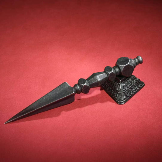 Handcrafted Brass Tian Tie Vajra Phurba with Base, a powerful Tibetan Buddhist ritual tool symbolizing protection, wisdom, and spiritual growth, ideal for altars.