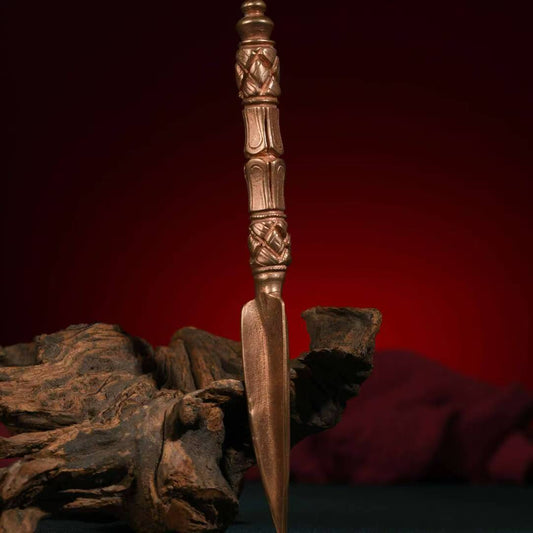 Handcrafted Brass Vajra Phurba with base, a vintage Tibetan Buddhist ritual tool designed for magic slaying and protection. Perfect for meditation and spiritual practices.