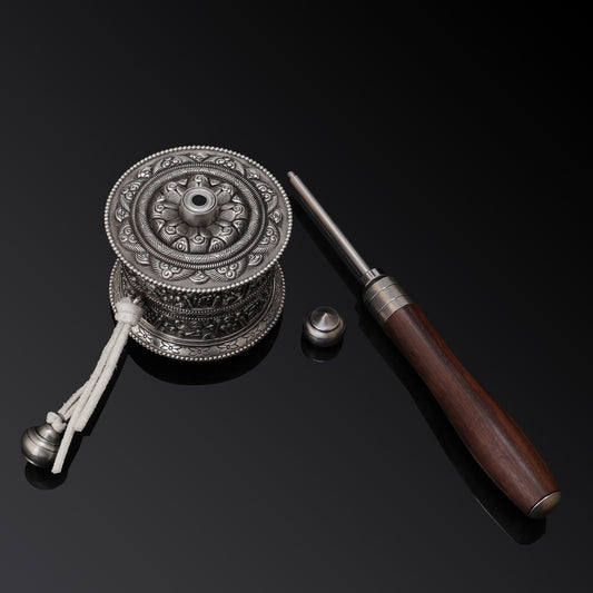 Tibetan Buddhist ritual implements culture Handcrafted Thai Silver Double-layer Prayer Wheel with Wooden Handle