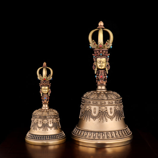 Small five-pronged Vajra bell made from blue jadeite and brass copper. Used in Tibetan Buddhist rituals, bringing strength, clarity, and spiritual protection.