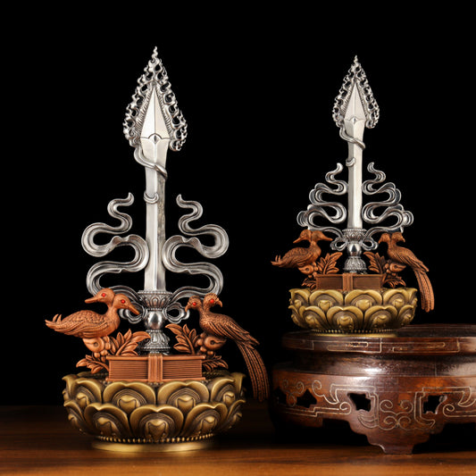 Handcrafted 22cm Blue Three Great Bodhisattvas statue made from brass, copper, and white copper. Symbolizes wisdom, compassion, and protection in Tibetan Buddhism.