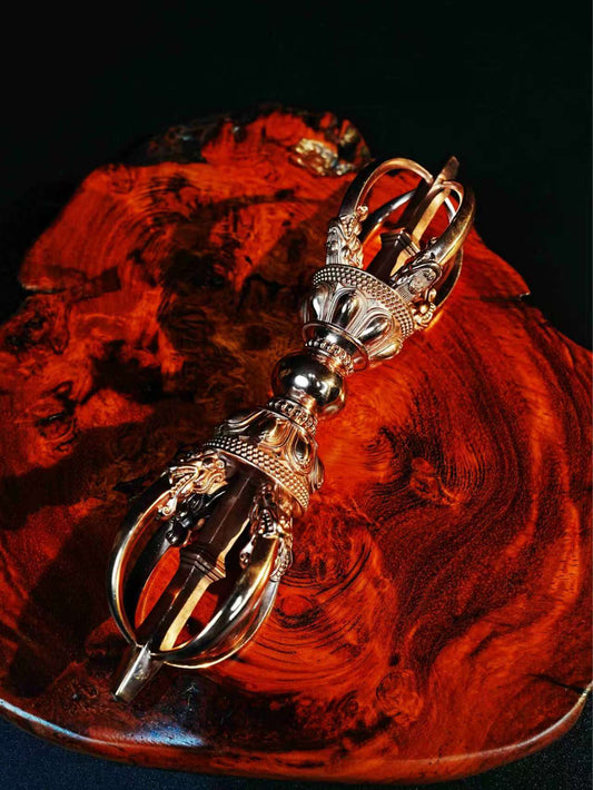 Handcrafted Brass Five-Pronged Vajra, showcasing traditional Tibetan Buddhist ritual art. A powerful tool representing spiritual strength and protection, ideal for meditation, rituals, and home decor.