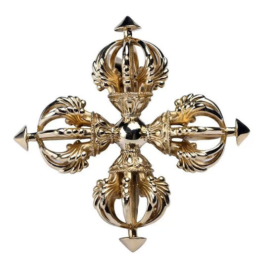 Brass Nine-Prong Cross Vajra, handcrafted to embody the strength and wisdom of Tibetan Buddhist rituals. A spiritual art piece perfect for meditation, protection, and decor.