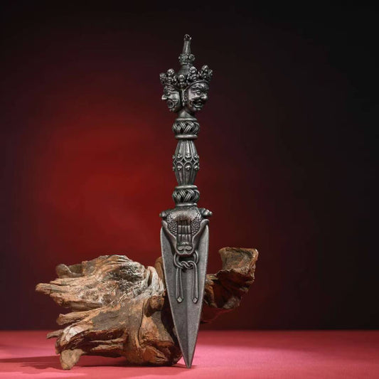 Handcrafted brass Phurba Vajra from Tibetan Buddhist ritual implements culture, a protective ritual decor symbolizing power and spiritual defense.