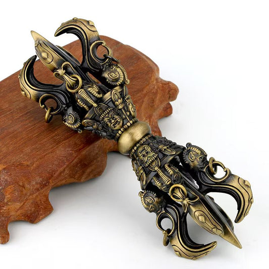 Handcrafted Brass Lotus Master Five-Prong Vajra, symbolizing spiritual protection and wisdom in Tibetan Buddhism. A perfect piece for rituals, meditation, and home decor