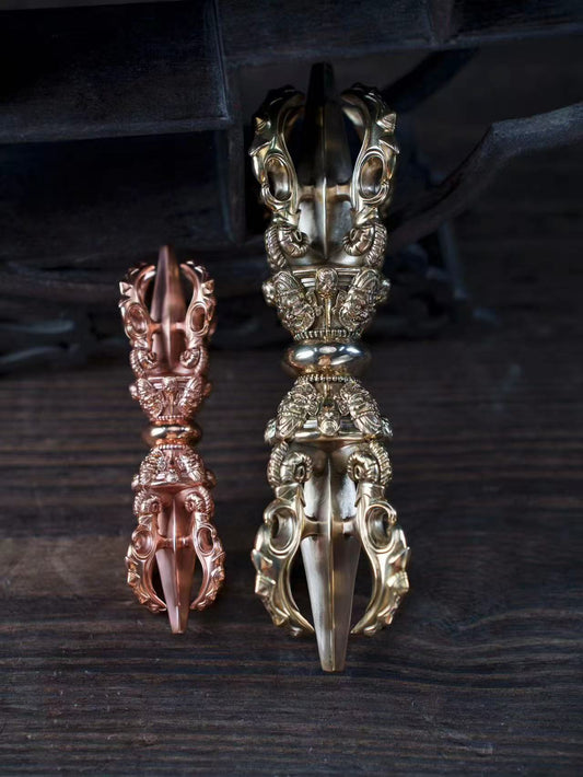 Handcrafted Brass Vajra with Wrathful Lotus Guru Rinpoche, representing wisdom, strength, and spiritual protection. Perfect for rituals, meditation, and sacred spaces.
