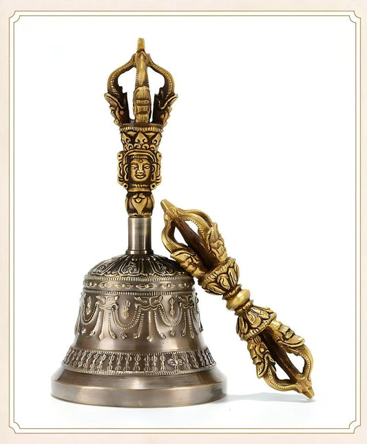 This Tibetan Buddhist Five-Pronged Bell, crafted from premium copper, is a vital tool in spiritual rituals. Its intricate design makes it an excellent addition to your altar.