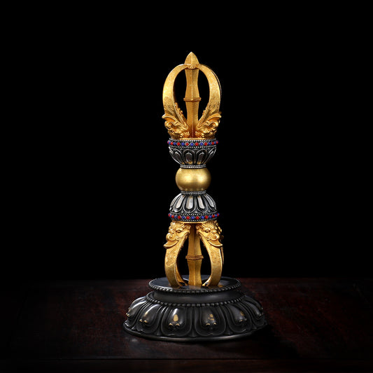 Tibetan Buddhist ritual implements culture Handcrafted Small Five-Prong Vajra Brass White Copper