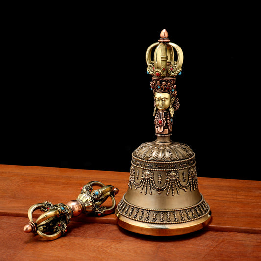 piritual and powerful Medium Vajra Bell made from Brass and Copper, ideal for Tibetan Buddhist rituals, creating a harmonious atmosphere for meditation