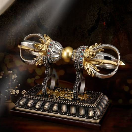 Small handcrafted brass five-pronged Vajra, inspired by Tibetan Buddhist ritual implements culture, offering spiritual empowerment and protection in Buddhist ritual art.