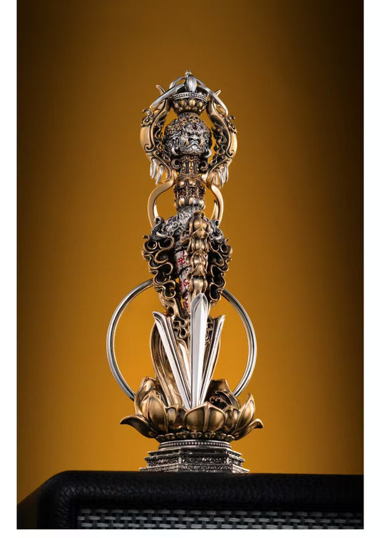 Elegant brass ritual Phurba, handcrafted with Tibetan Buddhist artistry. A powerful Feng Shui artifact, perfect for enhancing spiritual energy and aesthetics in your space.