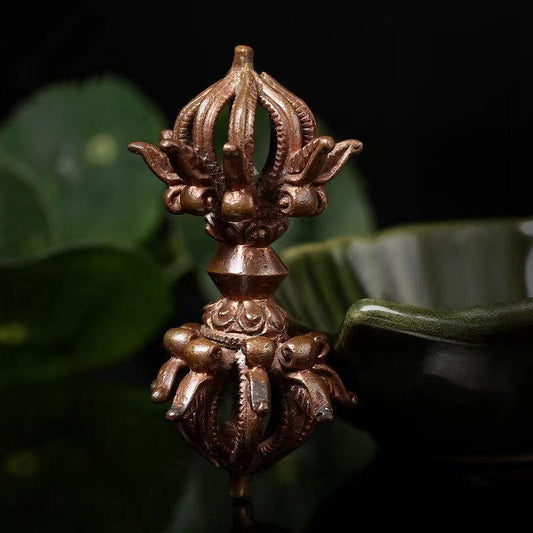 Traditional brass nine-pronged Vajra ornament, handcrafted according to Tibetan Buddhist ritual implements culture, representing true Buddhist ritual implements art.