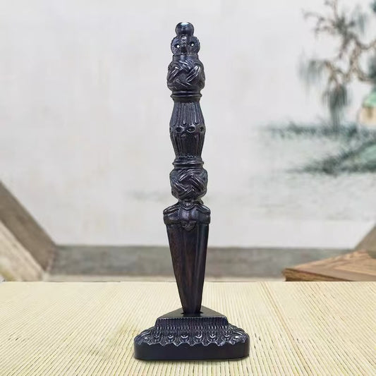 Wooden base brass Vajra Phurba, handmade according to Tibetan Buddhist ritual implements culture, representing authentic Buddhist ritual implements art.