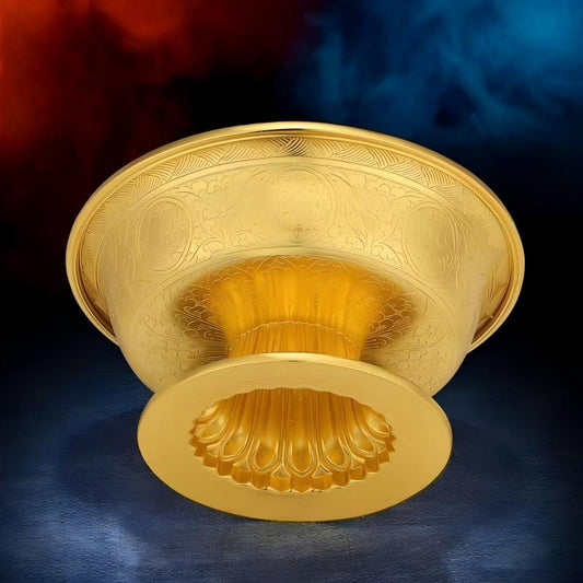 Tibetan Buddhist sacrificial implements culture: Traditional Buddhist sacrificial items art featuring a gilded silver ritual chalice with a polished gold finish, perfect for altar decoration and spiritual practice.