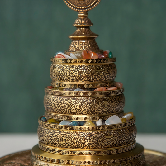 Handcrafted brass Mandala Plate, 23.8cm height, Tibetan Buddhist sacrificial implements culture ritual item, representing Buddhist sacrificial items art