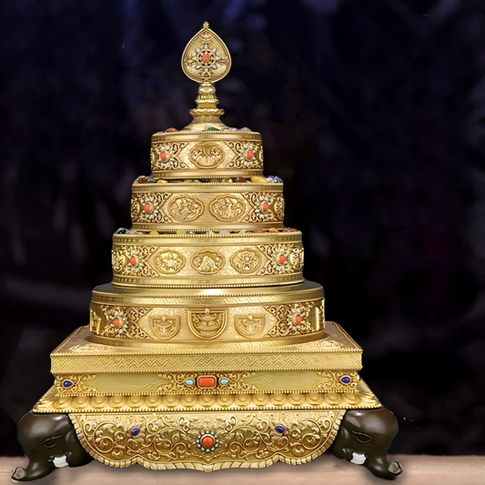Handcrafted 37 Offering Mandala made of brass with gemstones, Tibetan Buddhist sacrificial implements culture ritual item, representing Buddhist sacrificial items art