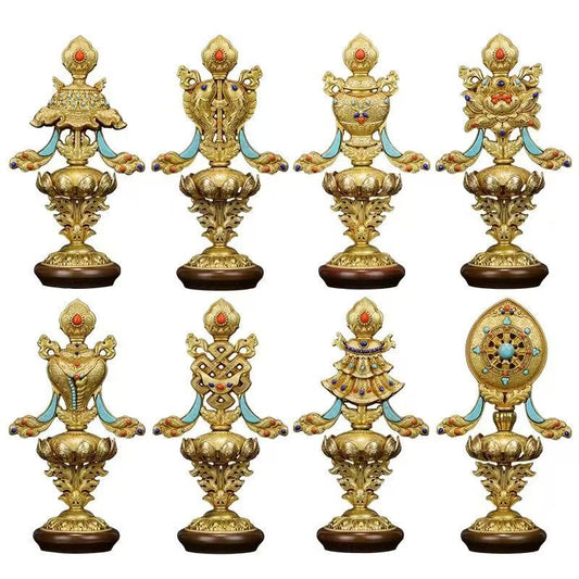 Handcrafted blue Ashtamangala brass offering set from Tibetan Buddhist sacrificial implements culture, 16cm Vajrayana ritual art