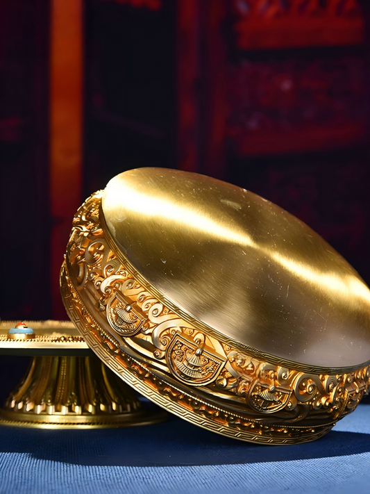 Handcrafted Eight Auspicious Mandala Plate in brass, Tibetan Buddhist sacrificial implements culture ritual item, representing Buddhist sacrificial items art
