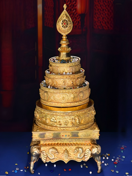 Handcrafted Nepal Copper Mandala Plate, gilded with gemstones, 64cm height, Tibetan Buddhist sacrificial implements culture, representing Buddhist sacrificial items art