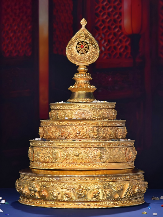 Nepal Copper Mandala Plate with gilded gold and gemstone inlay, handcrafted, 64cm height, Tibetan Buddhist sacrificial implements culture, sacred Buddhist sacrificial items art